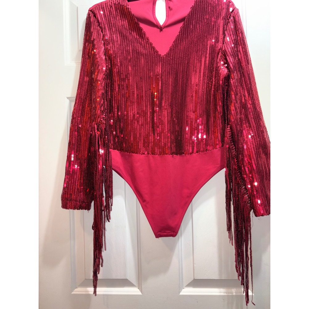 Fashion Express Red Sequin Fringe Long Sleeve Bodysuit V-Neck Size L